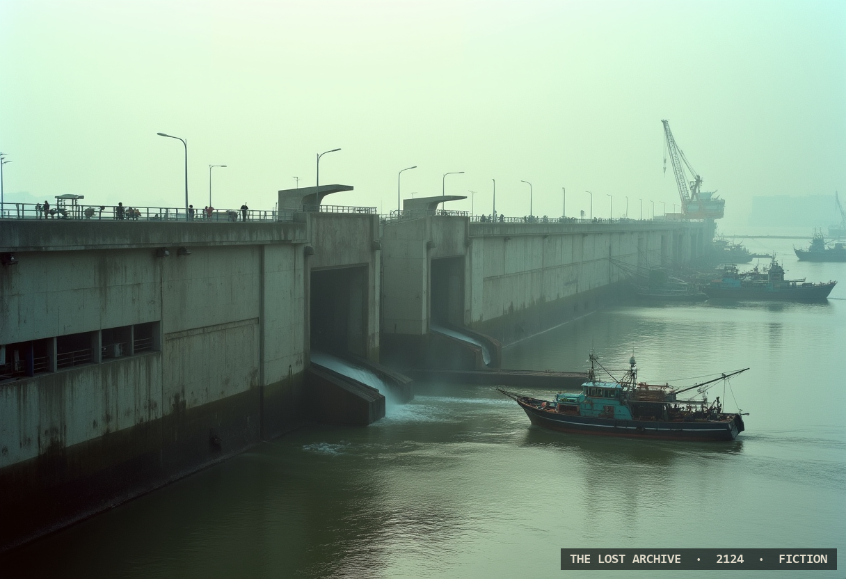 A coastal seawall and surge barrier of the 2120s in mist — The Lost Archive, a work of fiction