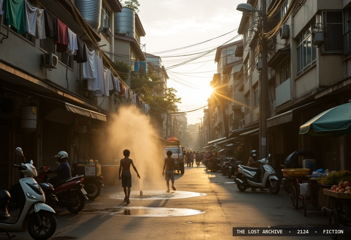 A crowded street in a hot megacity of 2124 — The Lost Archive, a work of fiction